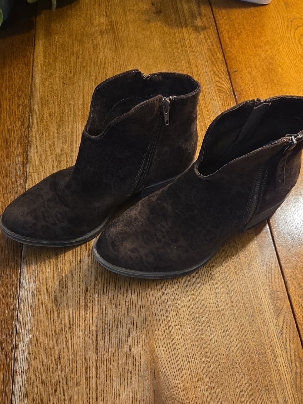 Women's Dark Brown Suede Leopard Print Ankle Booties with Side Zipper